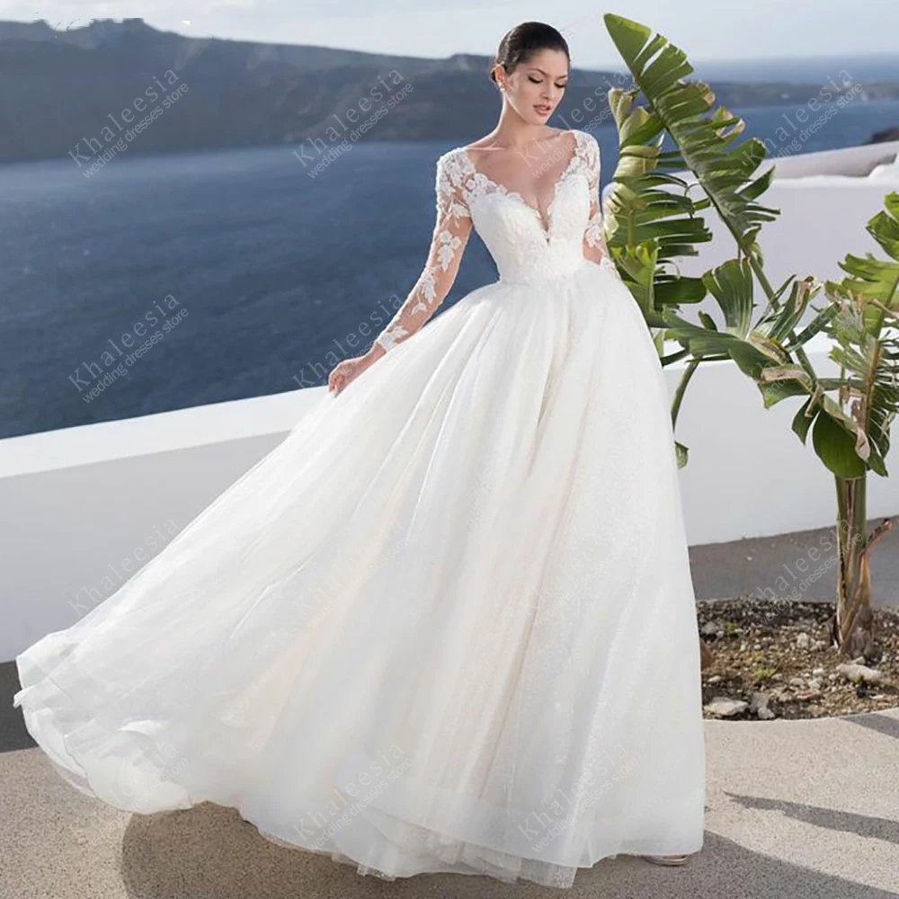 

Classic Wedding Dresses A Line Tulle Tiered Bridal Gowns Full Sleeves Charming Robes Deep V Neck Vestidos De Novia Customized