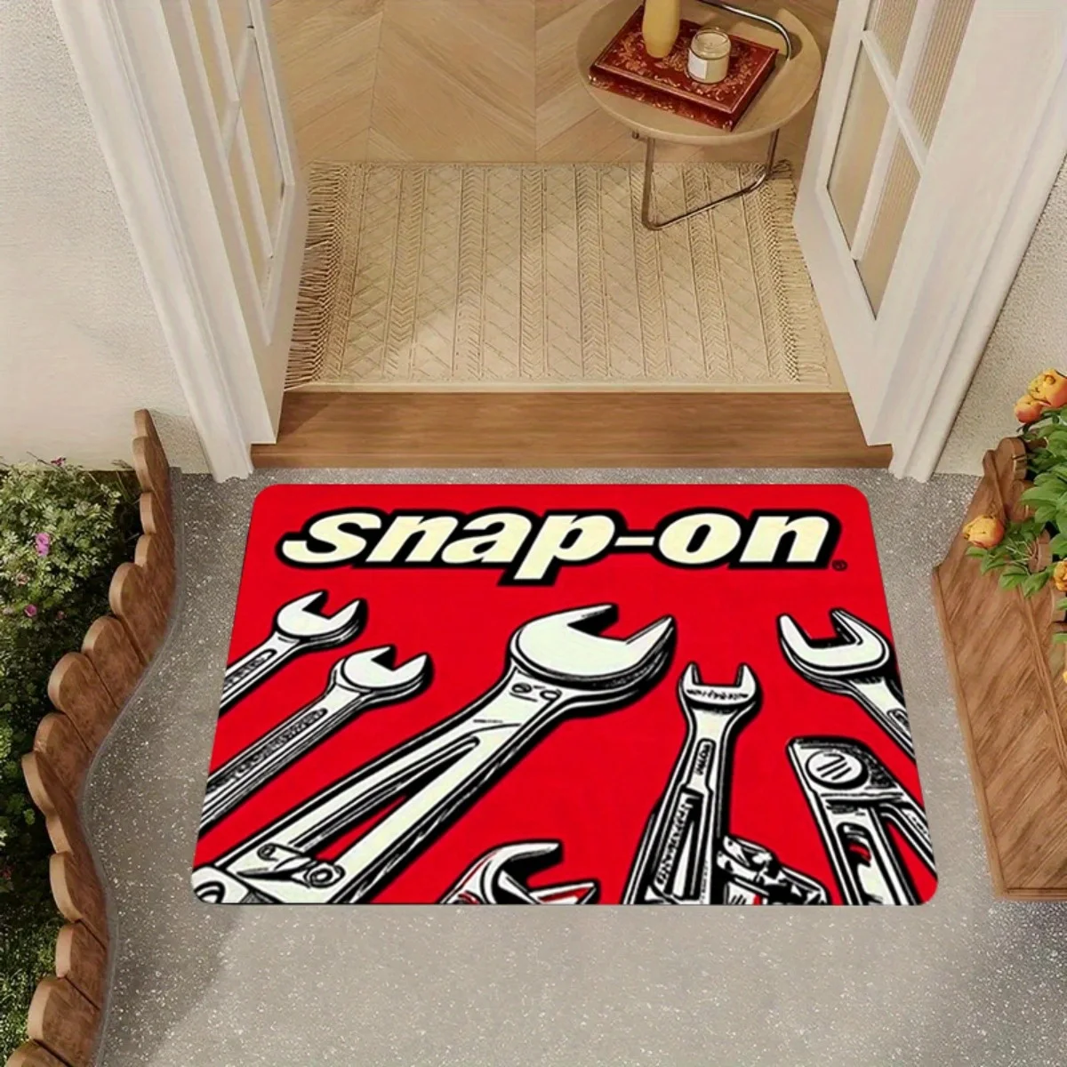 1pc Snap-On Logo Tool Illustration Flannel Mat, Durable & Machine Washable, Red & Black Tools Design for Home