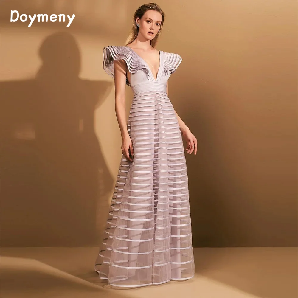 

Doymeny Ruffled V Neck Prom Dresses Floor Length Tiered Sleeveless A-Line Ruched Saudi Arabic Evening Gown Formal Party Dress