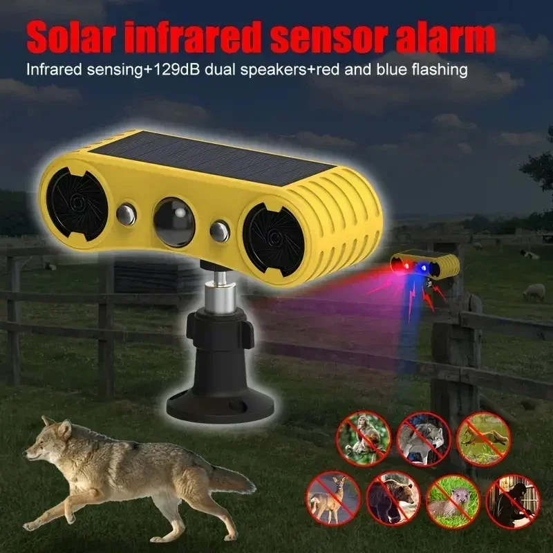 Solar Motion Sensor Siren Animal Repellent with 129db Siren,Built-in Light for Home,Villa,Yard,Chicken Coop,Farm,Barn