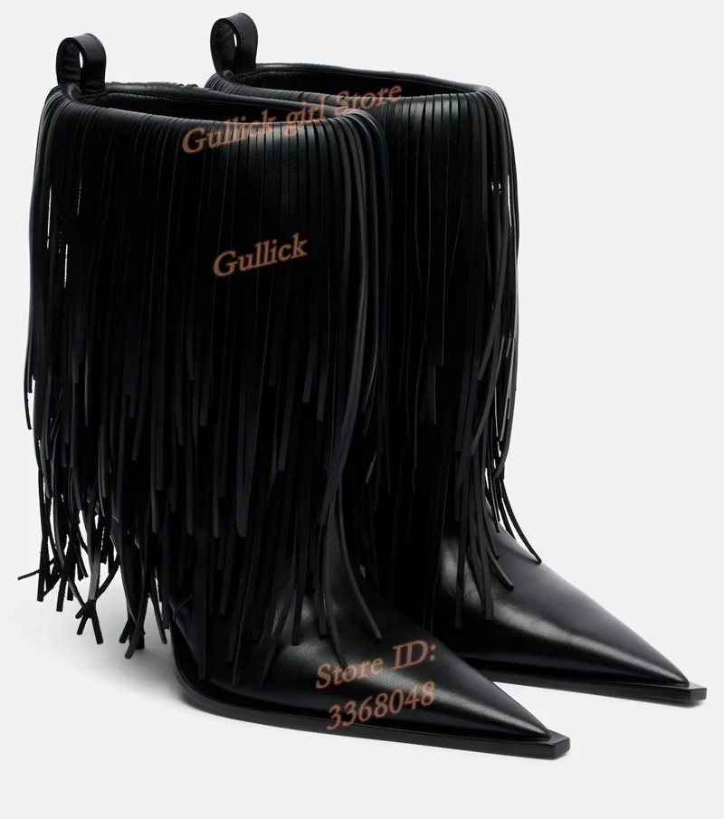 2026 Trending Fringe Ankle Booties Black Leather Stiletto Pointy Toe Slip On Runway Winter Autumn Women Dress Shoes Handmade