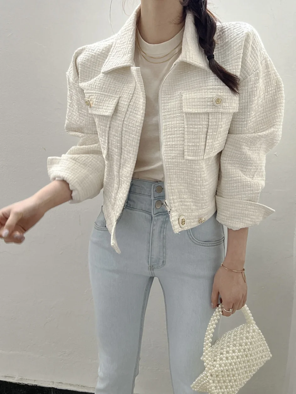 

Women's Retro Collar Suit Jaet Loose Fit Slimming Younger Small Fraance Sle Top Cotton Tweed Knitted Large ket