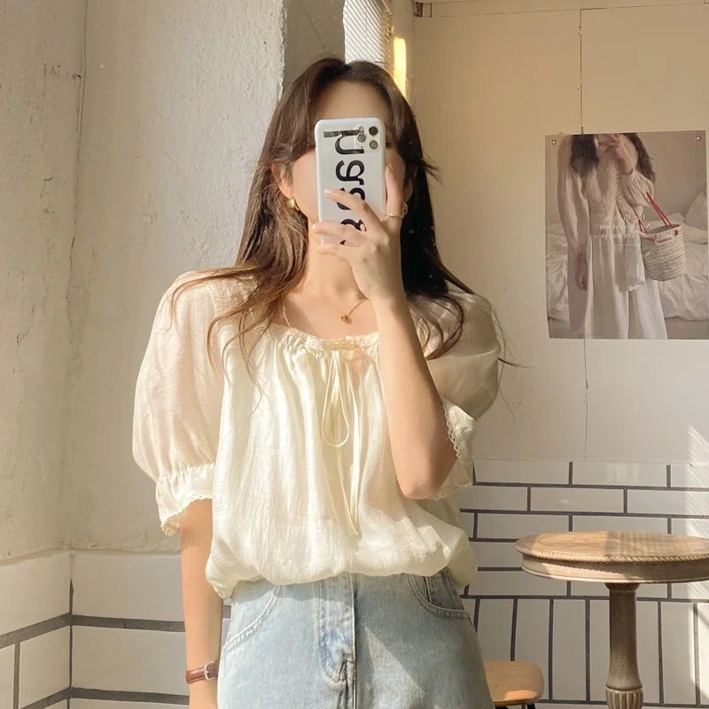 Sweet Fre Summer irt Colletto quadrato con cintura con finiture floreali da donna ort Sve Coreano Sle Loose Fit Casual Busin Wear