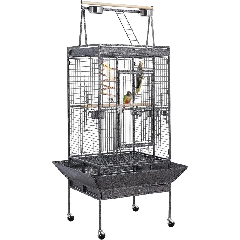 POPULAR69-inch Wrought Iron Rolling Large Parrot Bird Cage For African Grey Small Quaker Cockatiel Sun Parakeet Green