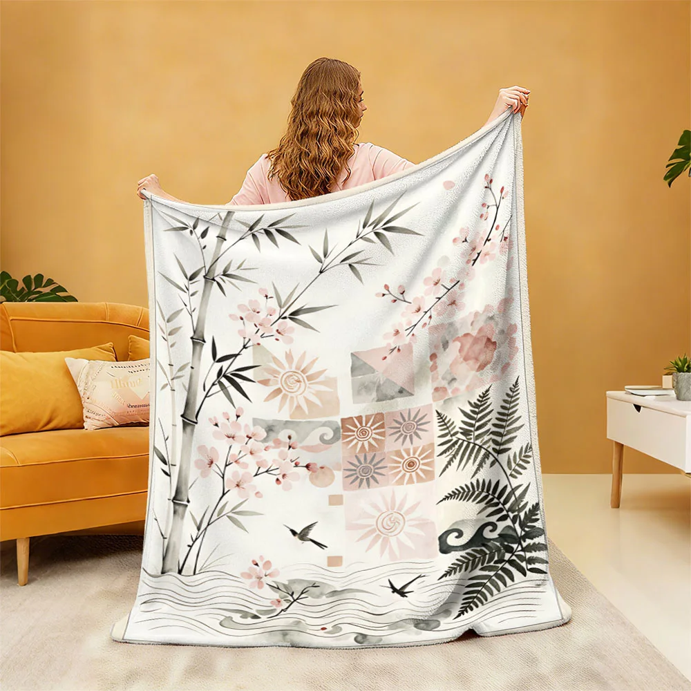 1pc New Chinese Bamboo Flower Bird Print Flannel Throw Blanket Soft Cozy For Sofa Break Nap Home Decor Housewarming Gift