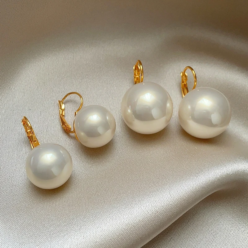 18K Gold Plated Big Pearl Drop Earrings For Women Classic Large Round Pearl Leverback Earrings Vintage Wedding Bridal Jewelry