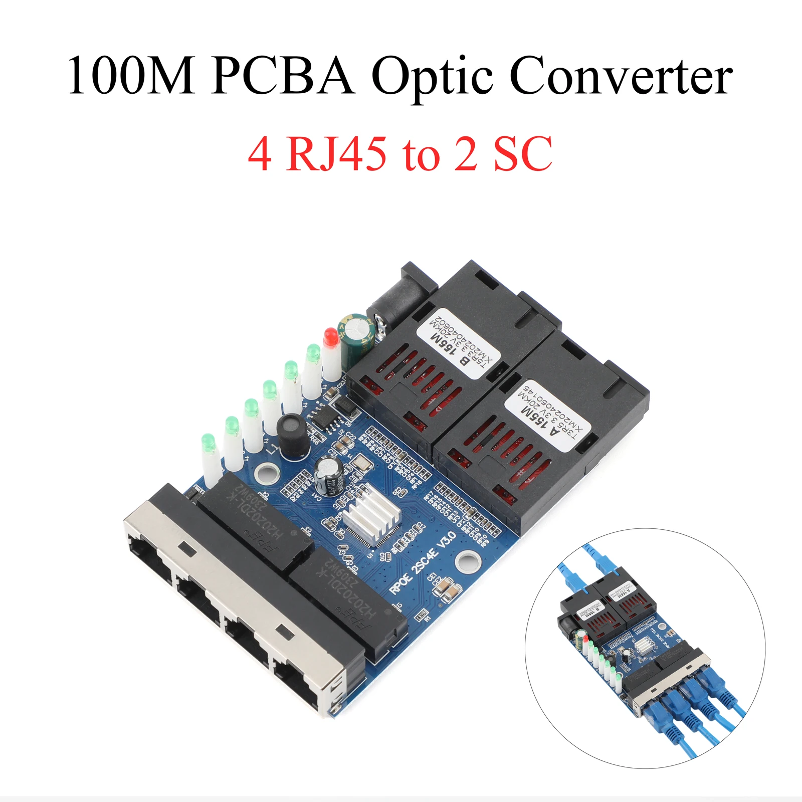 Convertidor de medios de fibra óptica de 10M/100M, 4 RJ45 a 2 SC A + B, conector óptico, puertos de 1310nm/1550nm, placa PCBA, interruptor Ethernet de 20KM, azul