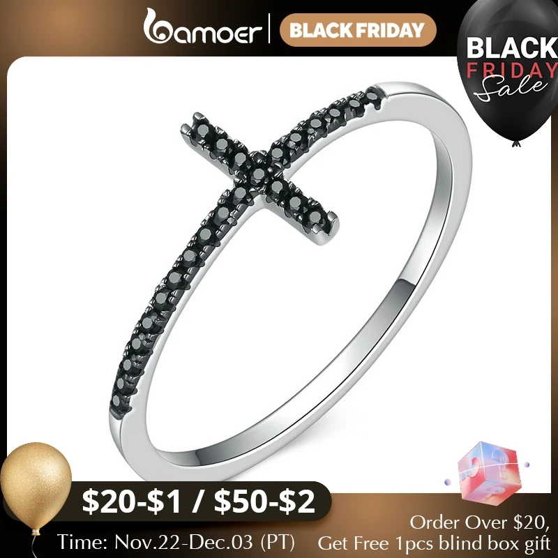 BAMOER Popular 925 Sterling Silver Faith Cross Shape Finger Rings for Women ,Black Clear CZ Sterling Silver Jewelry Gift SCR067