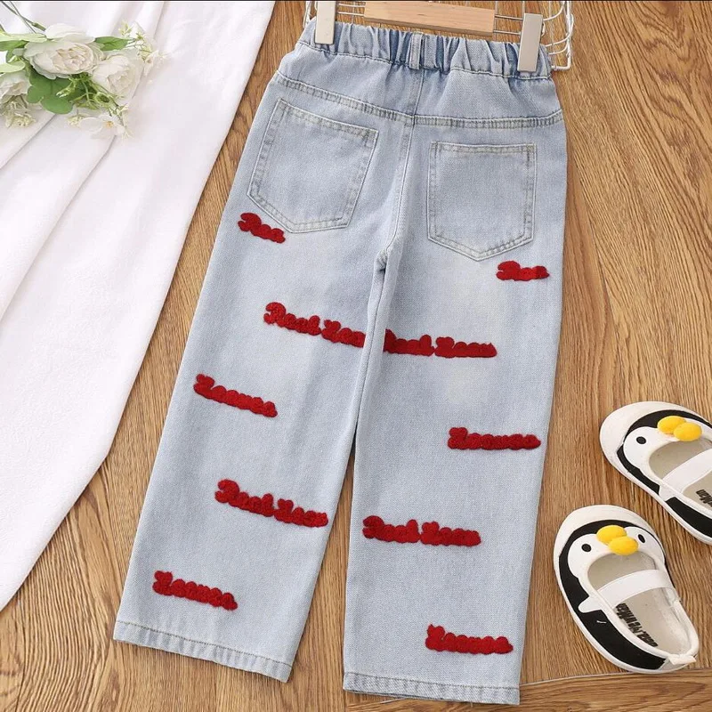 Girls School Wide Leg Pants Towel Embroidery Letter Casual Loose 2024 Kids Fashion Long Jeans Children Korean Style Trousers