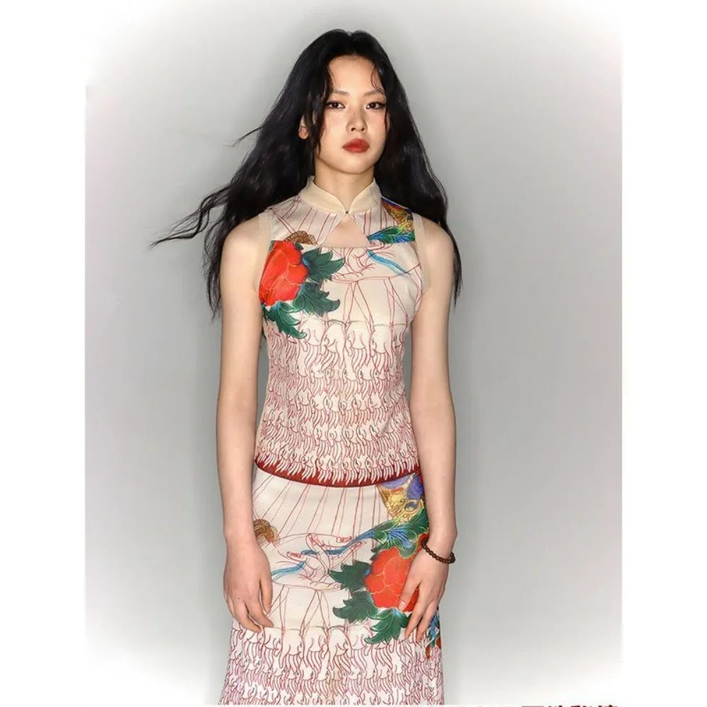 Conjunto estudioso silenciado gola mandarim sem mangas top floral midi saia duas peças roupa de verão academia chinesa estética silencioso mini