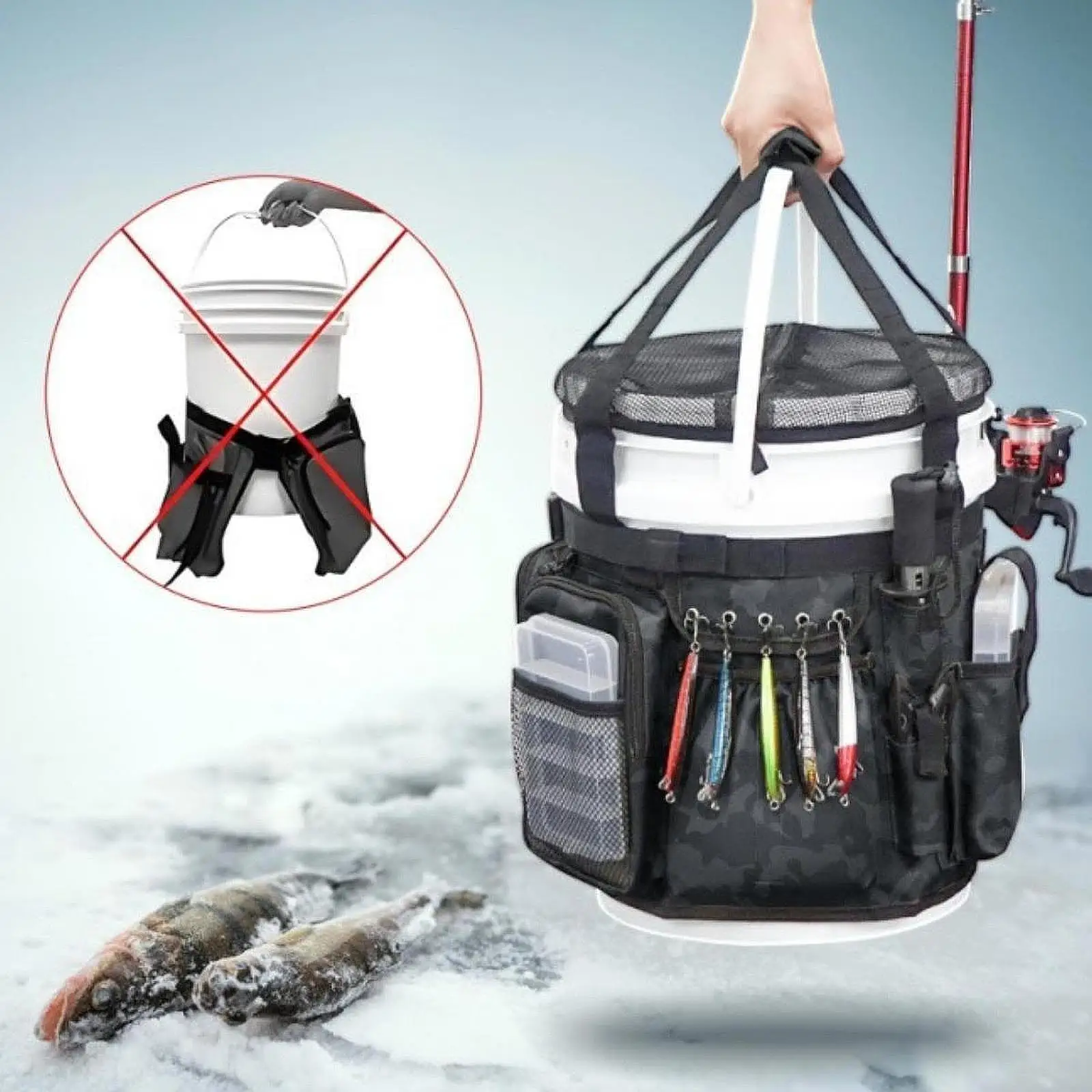 

Fishing Tackle Organizer Box Multipockets Fishing Gear with Tool Pouches Waterproof for 5 Gallon Bucket Outdoor Use