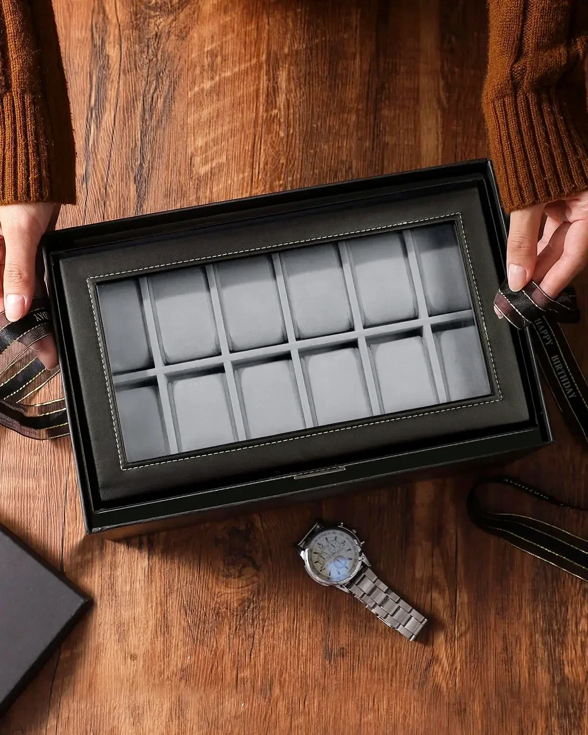 12Slot Kotak Jam Tangan Kulit PU Organizer Tampilan Jam Tangan & 6 Kotak Organizer Kacamata Kotak Perhiasan Laci Kaca Ulang Tahun untuk Pria Wanita