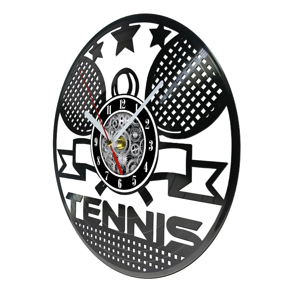 Racket Ball Tennis Vinyl Record Wall Clock For Sports Home Court Carved Music Album Retro Longplay Wall Clock Tennis Player Gift