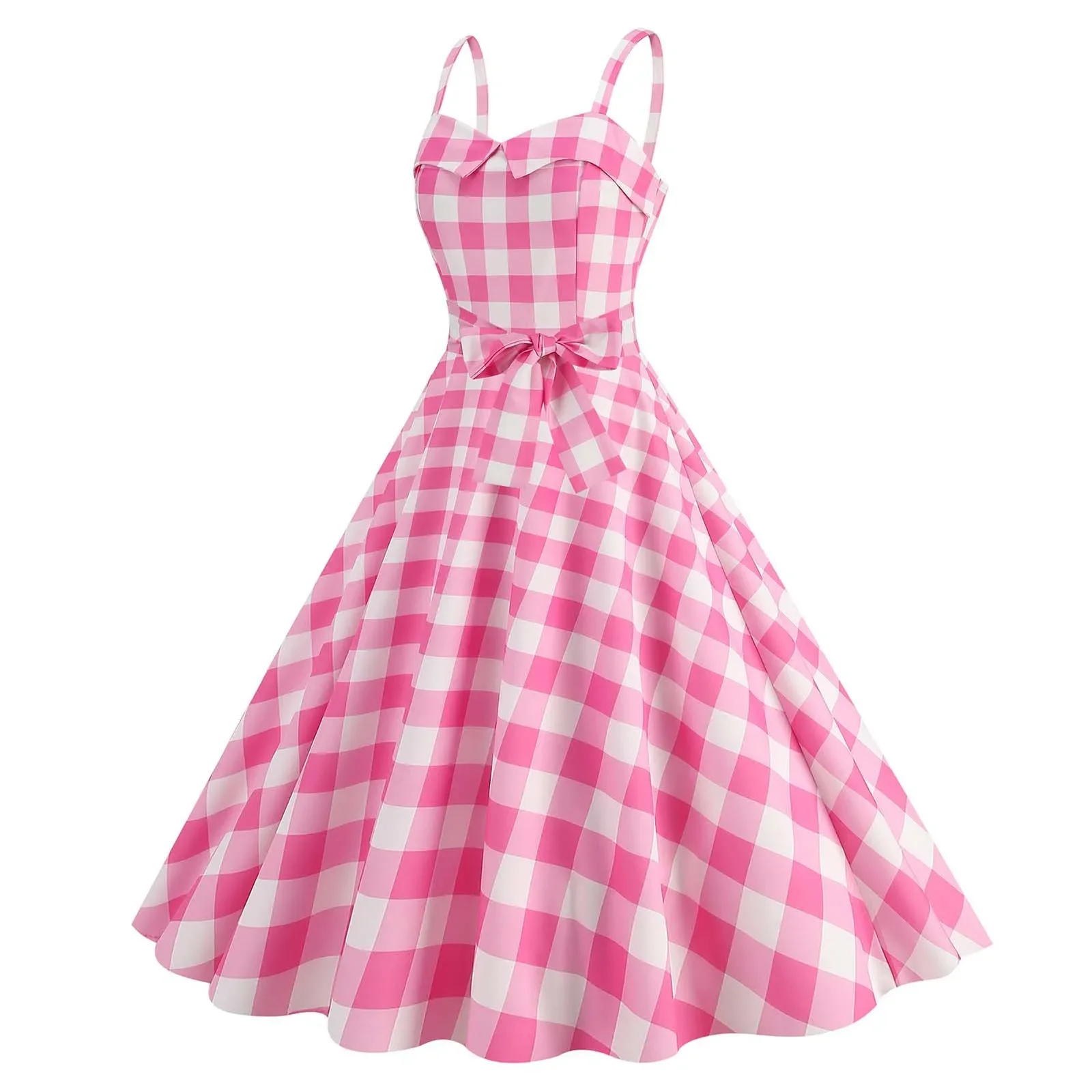 

Retro Pink Plaid Dress Women 2023 Robe Sexy Strapless Cocktail Rockabilly Party Prom Swing Sweet Girls Summer Dresses Ropa Mujer