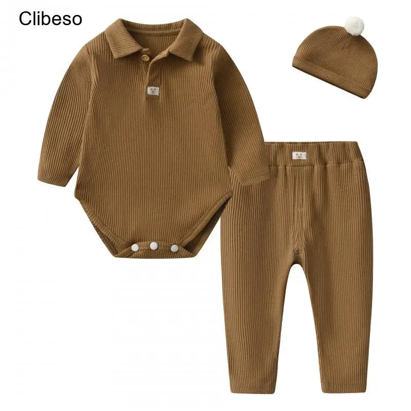 2024 Clibeso Spring Toddler Clothes Boy Korean Casual Fashion Long Sleeve Newborns Bodysuit+Pants+Hat Baby Luxury Clothing Set