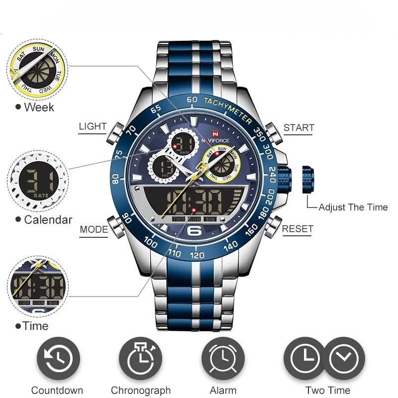 Quartz Watch For Men Digital Dual Display Sport Chronograph Waterproof Clock Military Steel Band Men Watch Reloj Hombre NF9188