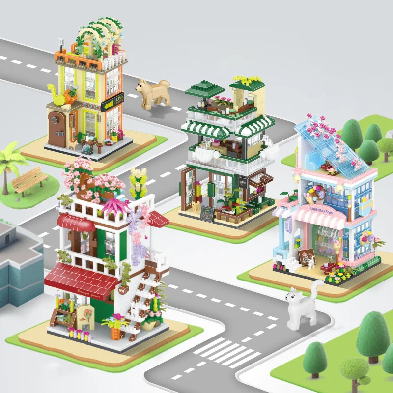 Creative Micro Diamond Block City Street View Cupcake Coffee Cake Music Bar Live Show Florist Building Brick Toy Nanobricks