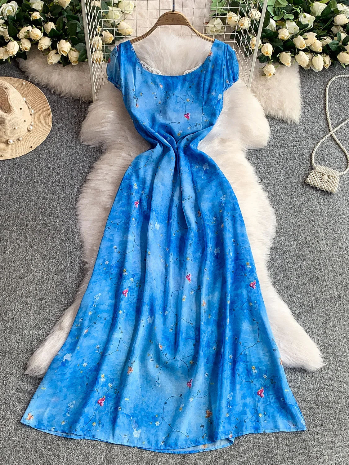 Summer Blue Floral Lace V-ne Bubble Sve Dr Women's Sweet A-line Midi Dr Korean Sle Commute High Waist Bubble Sle...