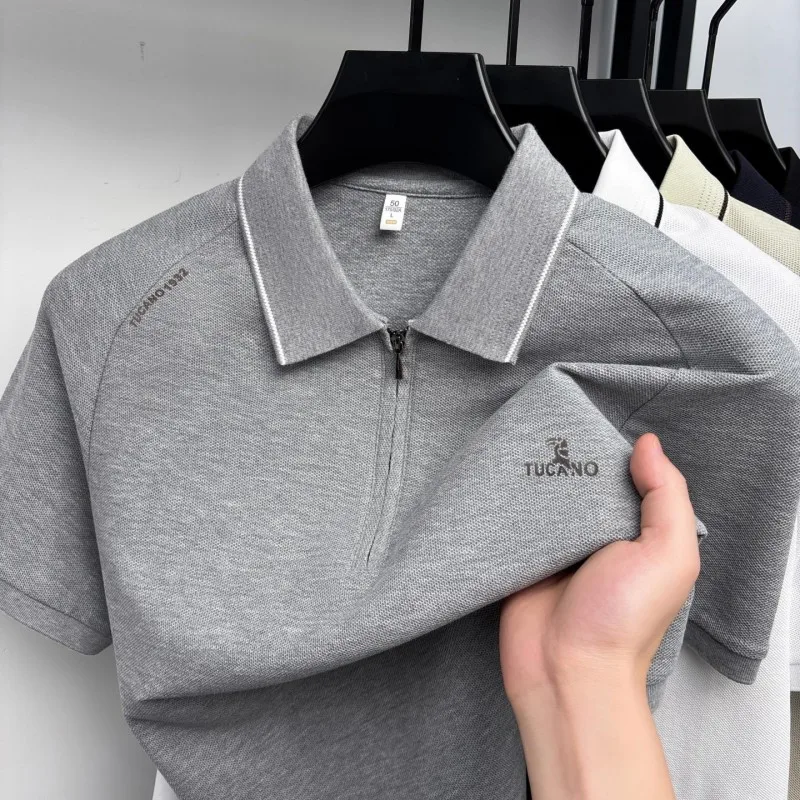 High end Brand 100% cotton polo shirt short sleeve men's new fashion embossed breathable summer casual half zipper lapel T-shirt