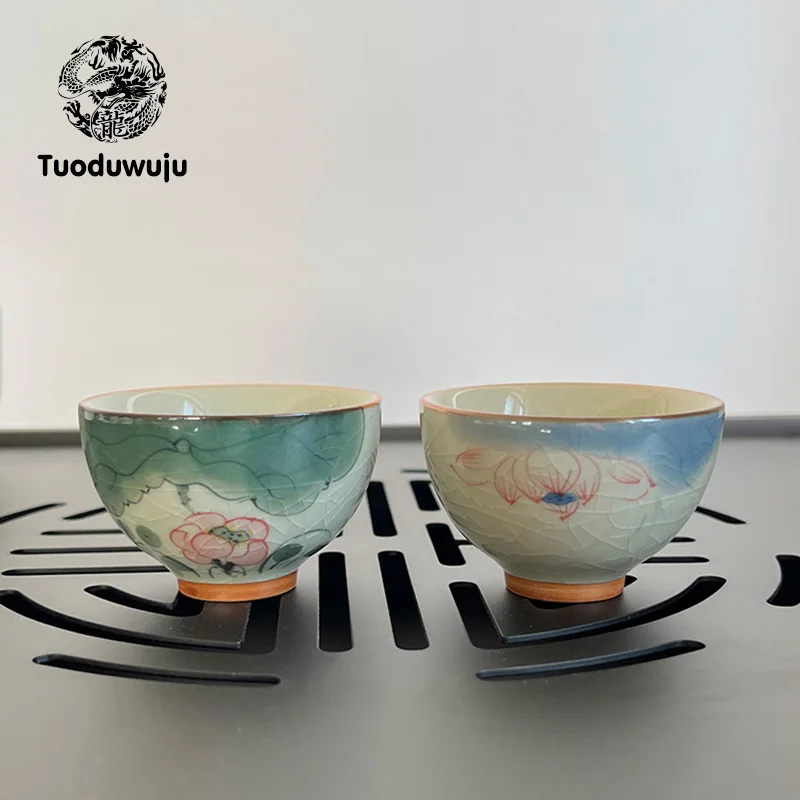 XH306  Hand-Painted Ice Cracked Glaze Tea Cups, Ceramic Kung Fu Tea Cups, Underglaze Colored Retro Small Tea Cups, Single Cup