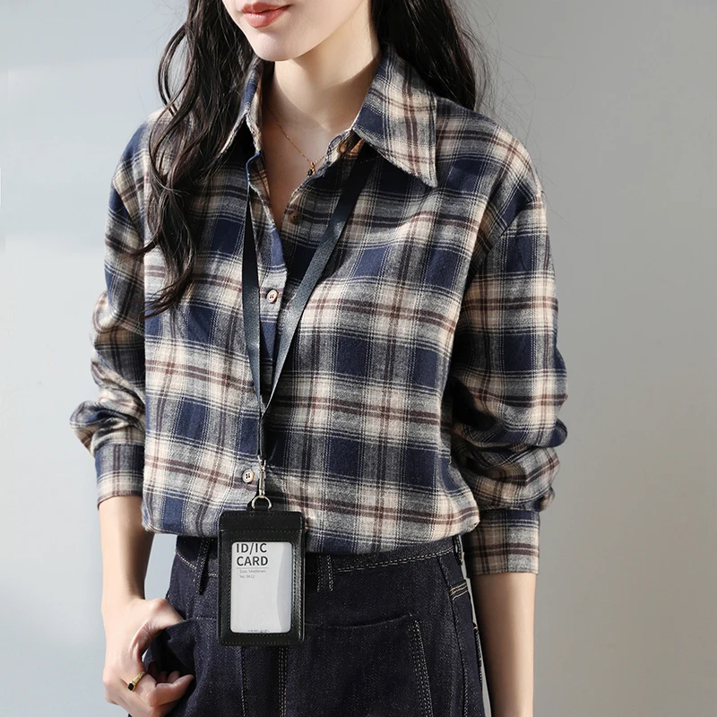 

Navy Blue Brushed Plaid Shirts Women Winter Warm Long Sleeve Blouse Loose Casual High Quality Tops Blouse Female 2025 New