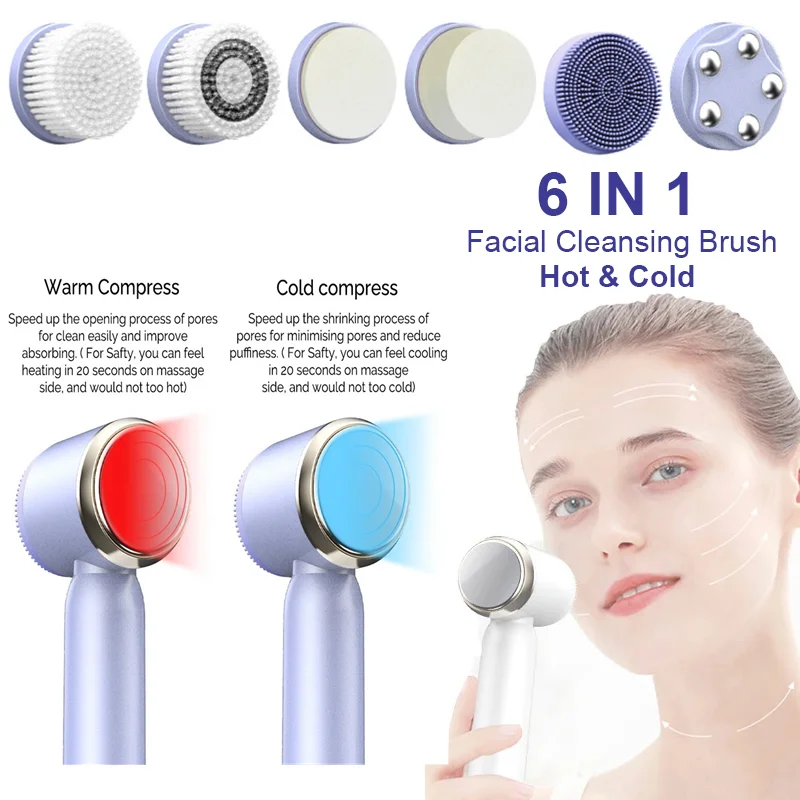 

New 6 In 1 Hot Cool Electric Face Cleansing Brush Deep Pore Cleaner LCD Display Vibration Face Lifting Skin Firming Massage