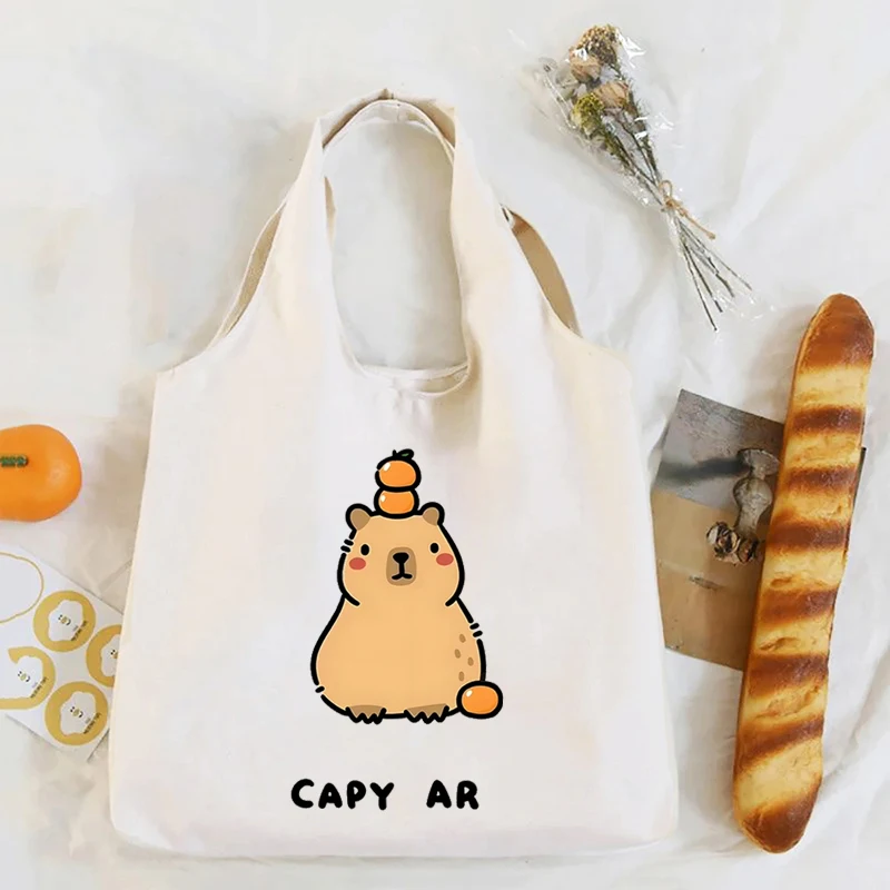 Cartoon Capybara Print White Canvas Tote Bag Organizer Women\'s Kawaii Eco Friendly Shopping HandBag Capybaras Cute Shoulder Bags