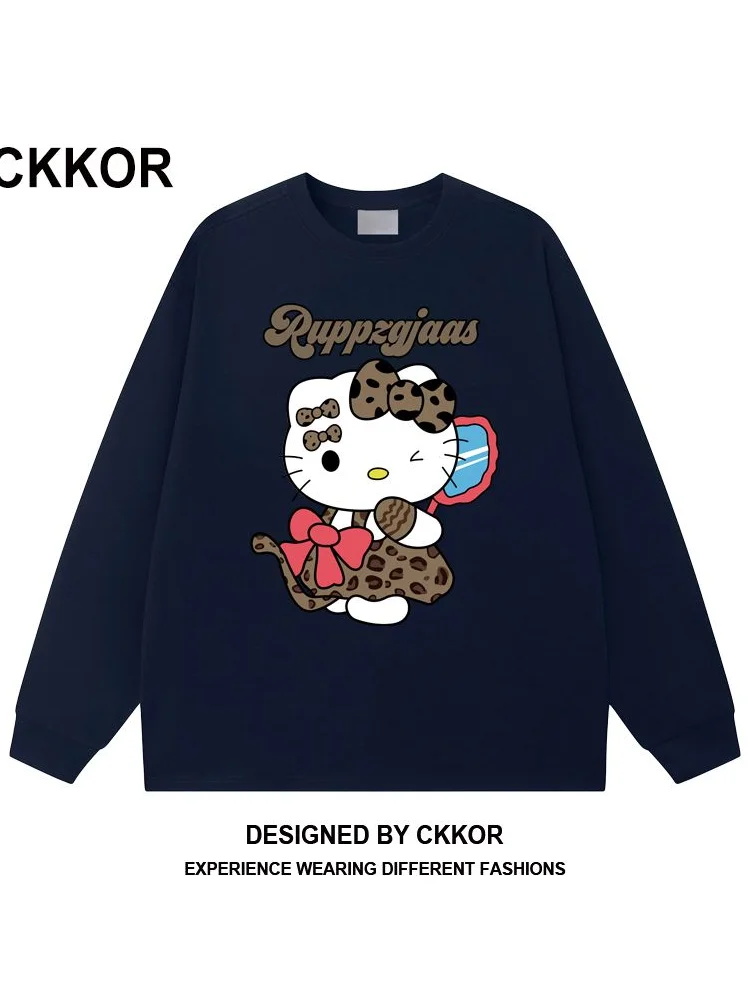 

Sanrio HelloKitty Girl, хлопковая рубашка Kawaii в стиле аниме, студенческая повседневная рубашка с длинными рукавами на весну и осень, новый топ с круглым вырезом