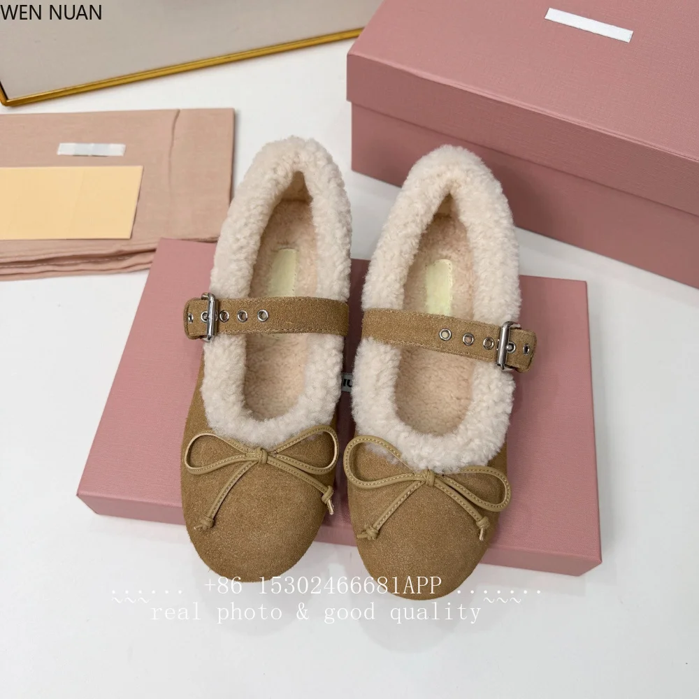 Fall/Winter Bowknot Mary Jane Women's Button-Up Sheepskin Fleece Lined Flat Warmth Padded Ballet Flats
