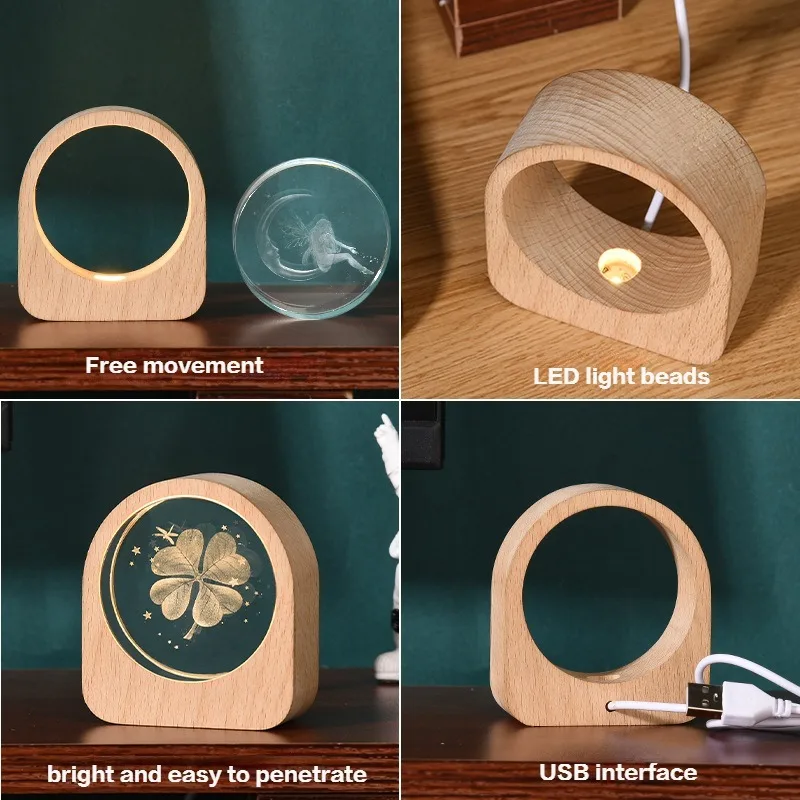 2024 Wooden LED Light Dispaly Base USB Rechargeable Crystal Glass Resin Art Ornament Wood Night Lamp Base Holder Display Stand