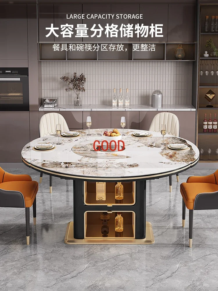 Легкий роскошный круглый обеденный стол из каменной плиты. Небольшая квартира со встроенной телескопической индукционной плитой с поворотным столом.