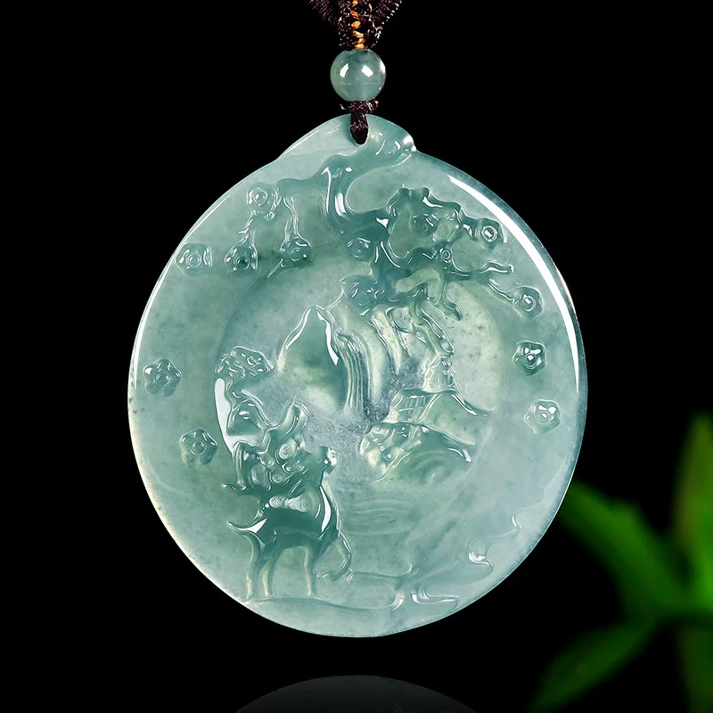 

Natural A-grade Blue Water Jade Deer Medallion Snow-stomping Deer Pendant Necklace with Plum Blossom Design Jewelry Accessory