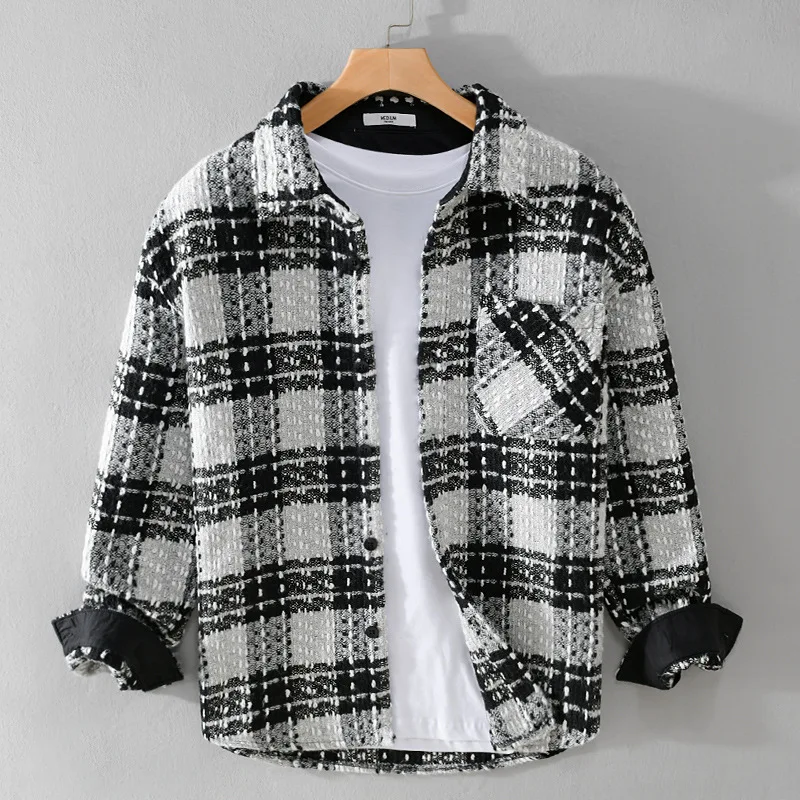 Autumn Winter New Retro Chic Polyester 100% Shirts Men's Thick Clothing Casual Plaid Loose Pocket Lapel Men Long Sleeve Tops