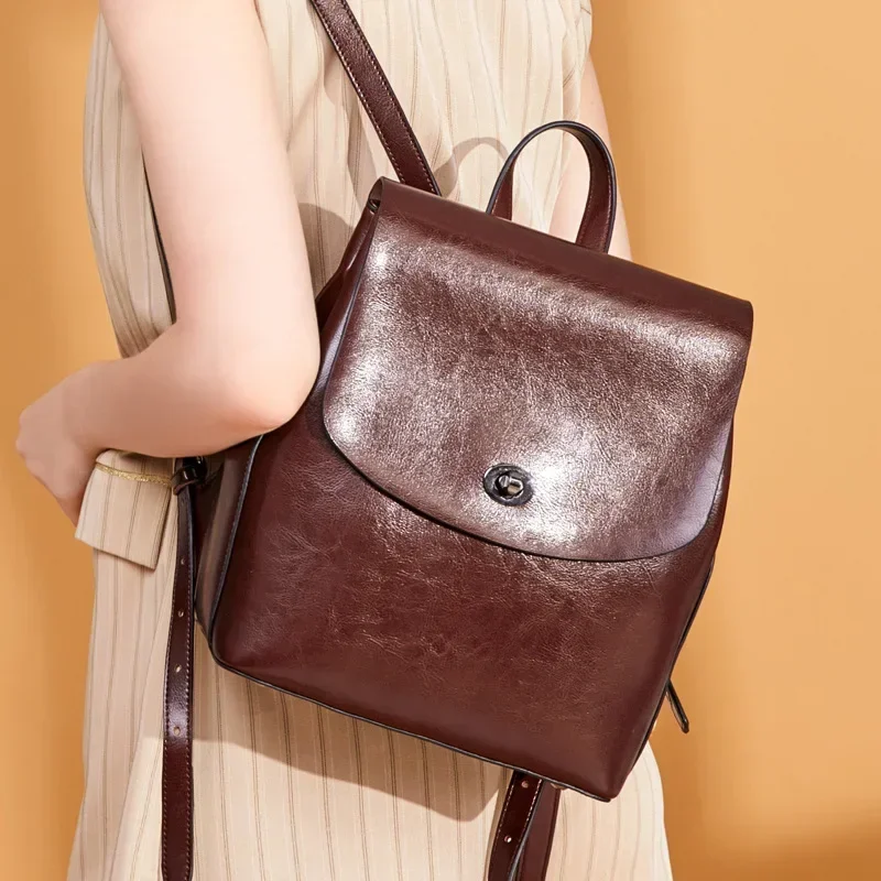 High Quality Genuine Leather Backpack For Girls Daypack Female Fashion Knapsack Vintage Casual Women Oil Wax Cowhide Rucksack