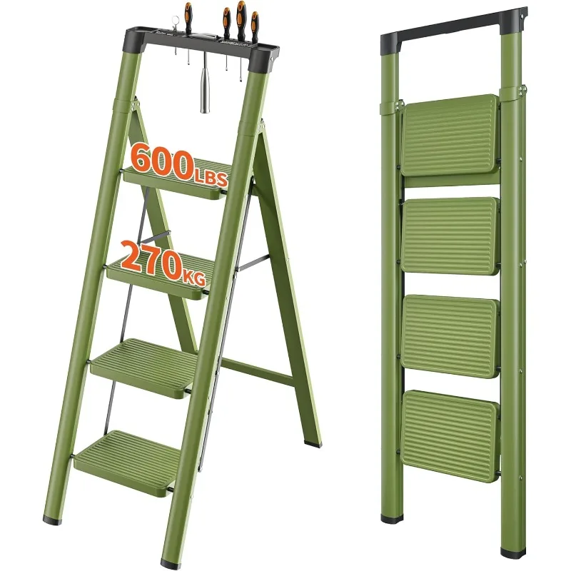 4 Step Ladder, Folding Step Stool with Tool Platform, 600lbs Portable Sturdy Steel Ladder with Wide Anti-Slip Pedal