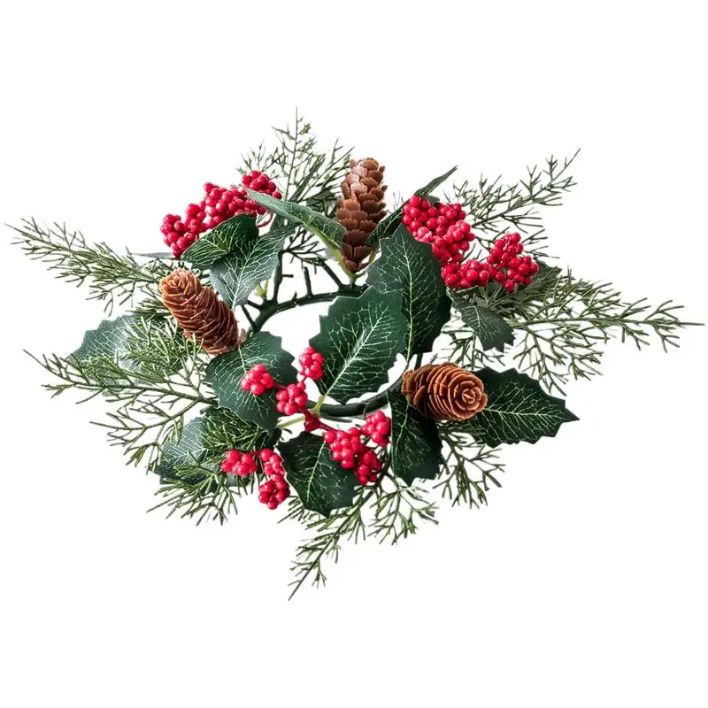 Candle Ring Wreath Decor Christmas Small Artificial Candle Wreath Pillar Christmas Decor Pinecones Greenery Red Berry Candle