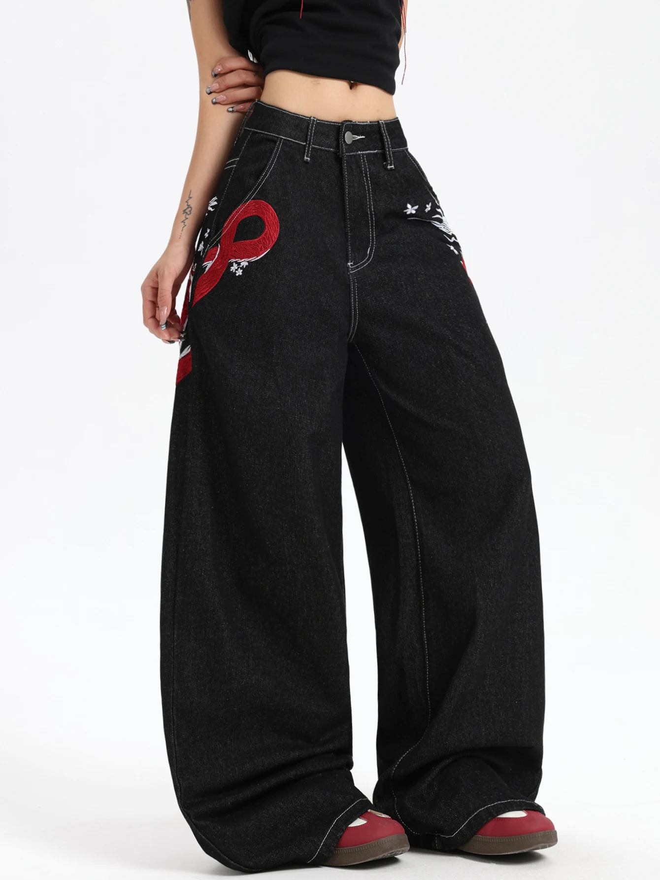 Women Plus Size Spring Autumn Mid Waist Wide Leg New Chinese Cool Y2K Jeans Dragon Heavy Embroidery Stiff Denim Daily Outfit