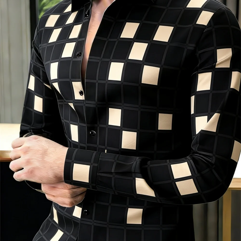

Men's Classic Lapel Plaid Gradient Printed Long Sleeved Shirt Button up Casual Breathable plus Size for Streetwear