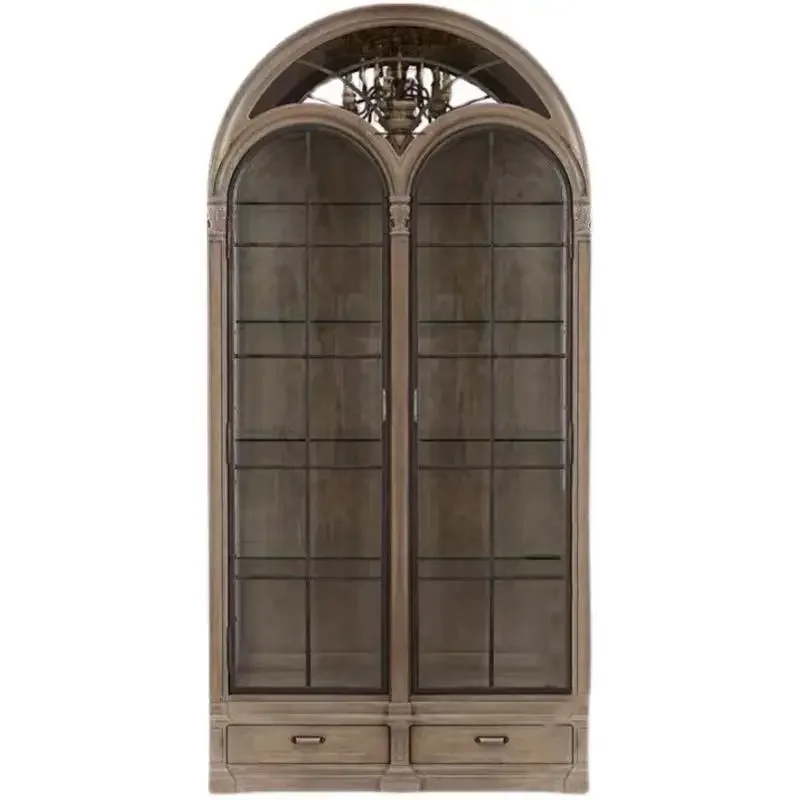 

American, arched, solid wood, wine cabinet, retro, old fashioned, side, European, glass, display