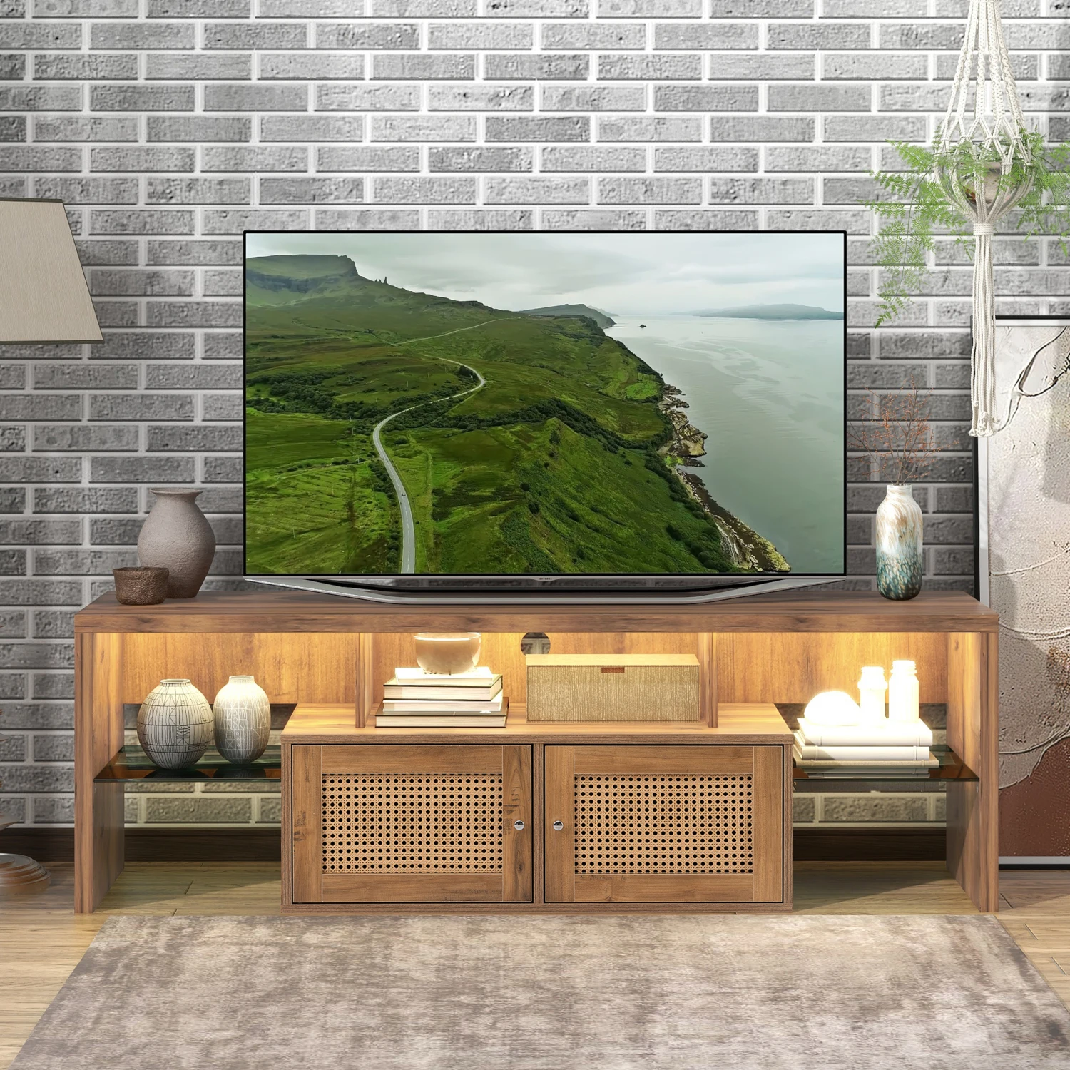 

Yellow TV Stand with Two Doors, Adjustable 2 Clear Wave Shelves, LED Light - Fits up to 60 Inch TVs