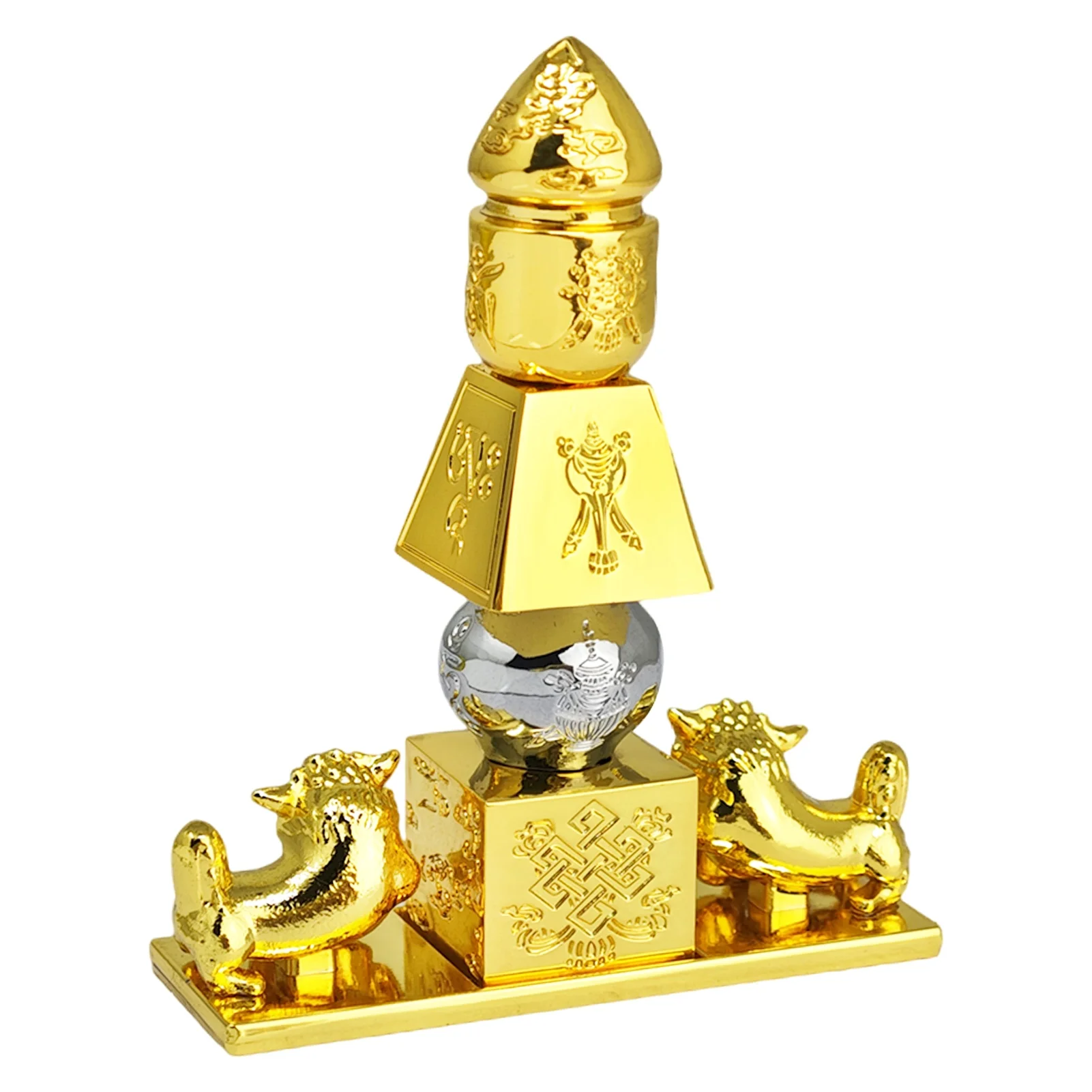 Feng Shui 5 Element Pagoda with 8 Auspicious and Fu Dogs Luck Amulet Mini Statue