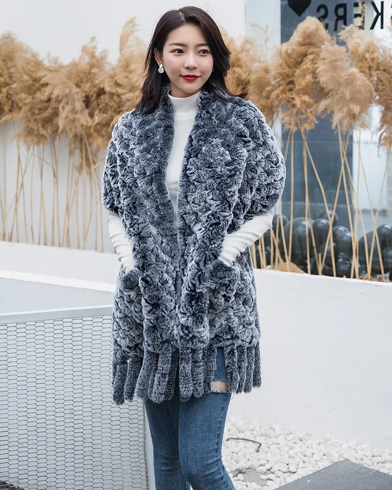 

190*36cm Winter Knitted Real Rex Rabbit Fur Scarf with Pocket Wide Women Natural Rabbit Fur Tassel Shawl Warm Long Fur Scarves
