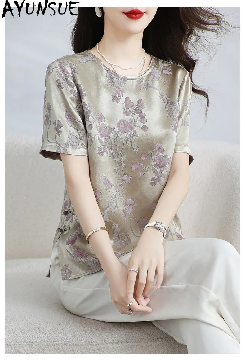 AYUNSUE 30.1% Real Mulberry Silk Tops for Woman Short Sleeved Women T Shirt Summer Jacquard Slimming Women Clothing 2026 New 티셔츠