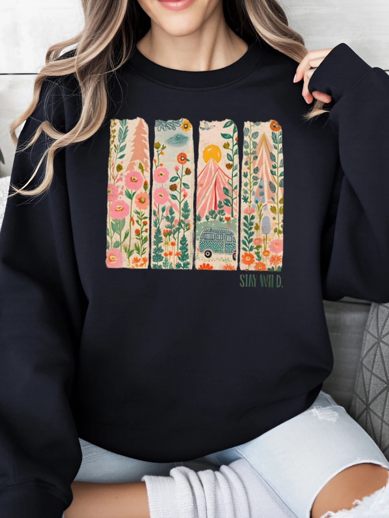 

Толстовка с цветочным принтом Garden Stay Wild, женская повседневная одежда для приключений на открытом воздухе, черная, больших размеров