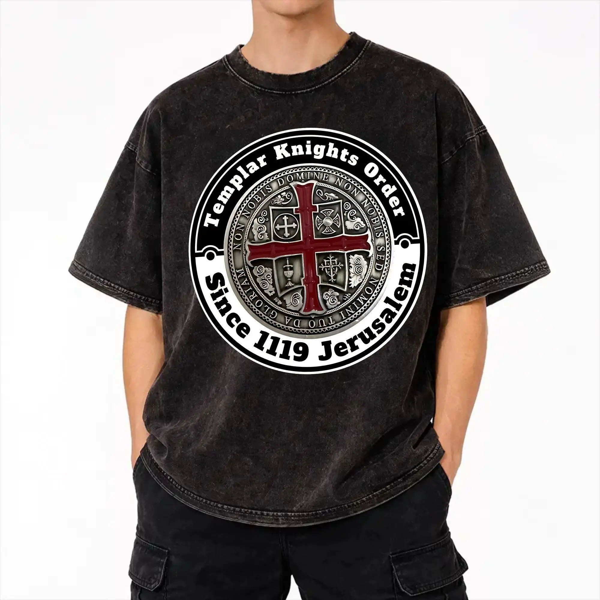 Templar Cross Knights Washed T Shirt Streetwear Hip Hop Vintage T-Shirt  Tees Tops Men Women Short Sleeve High Street