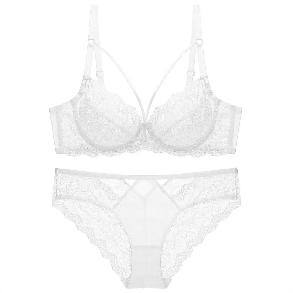 French Lace Ultra-Thin Cup Bra, Sexy Sheer Mesh, Thin Shoulder Straps, Backless Design, Pure & Seductive Style Bra and Panty Set