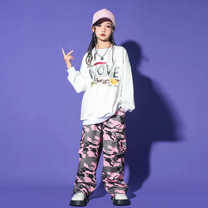 Kid Kpop Hip Hop Clothing White Letter Sweatshirt Top Pink Camouflage Casual Cargo Pants for Girl Boy Jazz Dance Costume Clothes