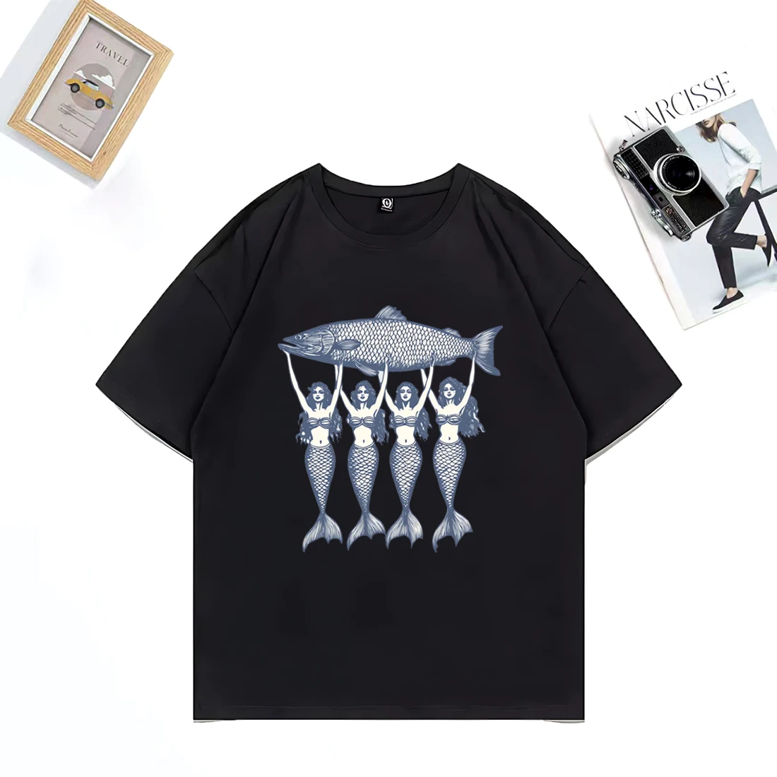 

Mermaid Sardine Funny Graphic T-Shirt Men Woman Top vintage Fashion NEW Tees Summer short sleeve Casual Unisex Loose clothing