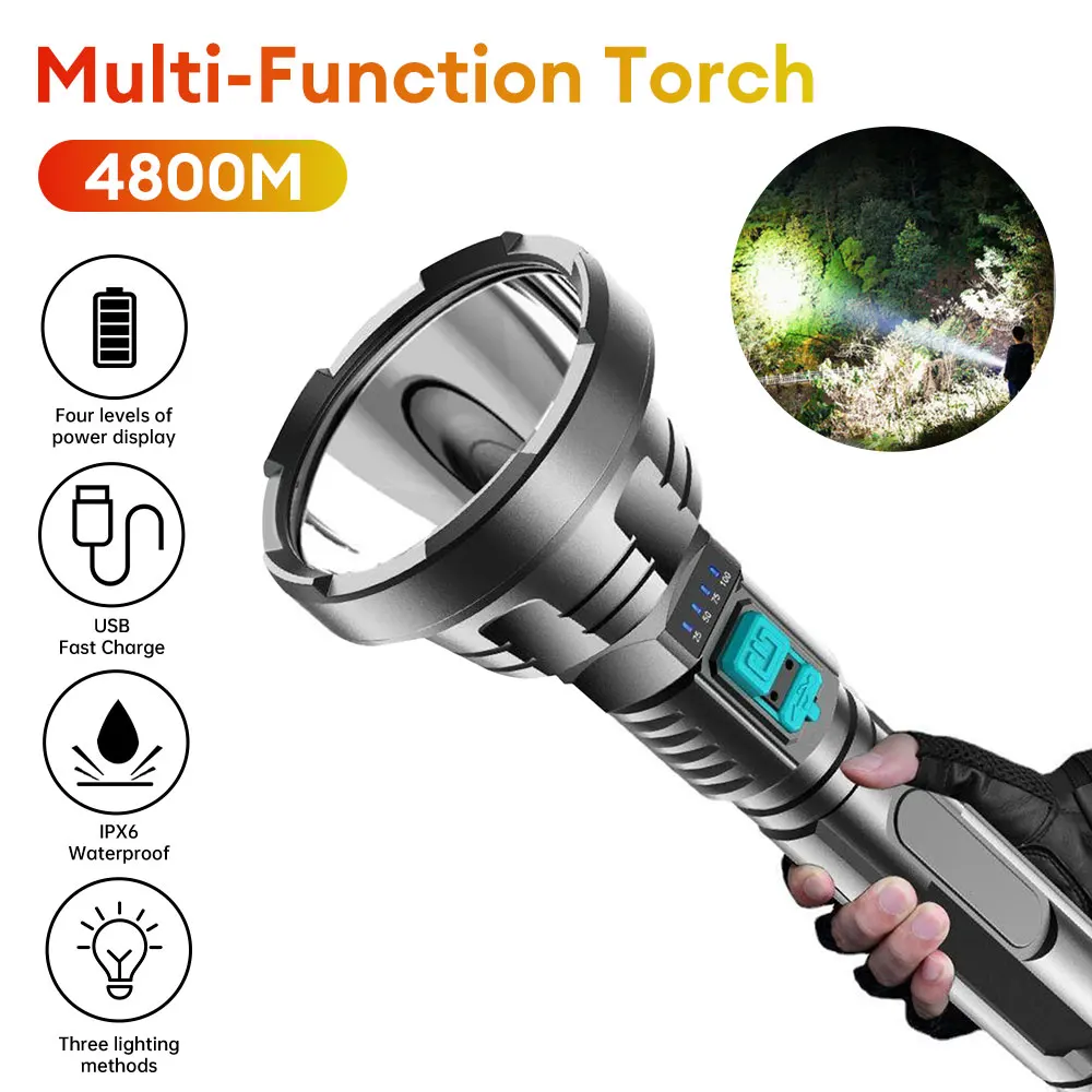 100000LM Powerful LED Flashlight P700 Tactical Flash light Long Range 4800m Torch Waterproof Camping Hand Light USB Rechargeable