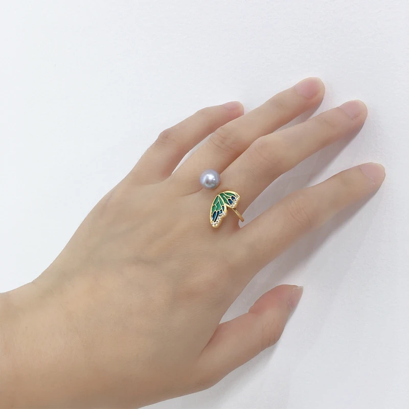 ZHBORUINI New Trendy Fine Pearl Ring Real Natural Pearl Enamel butterfly wings Ring Design Female Wedding jewelry Gift